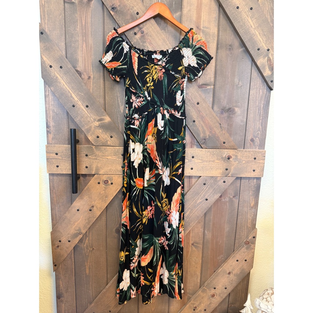 Patrons of Peace Maxi Dress Womens XS Black Tropical Floral Smocked Boho Dress
